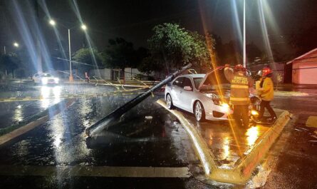 Conductor derriba poste y huye en Nuevo Laredo