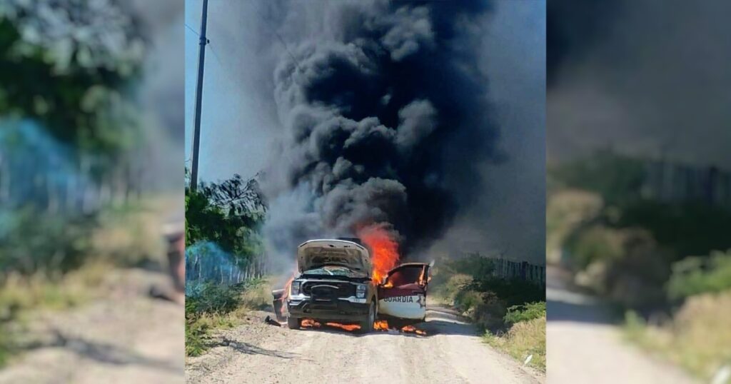 Incendio consume patrulla de la Guardia Estatal en la carretera Reynosa-San Fernando