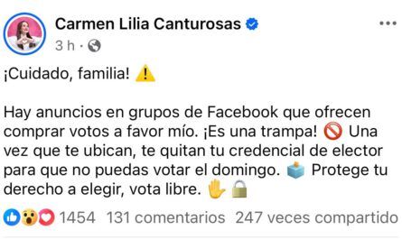 Alerta Carmen Lilia Canturosas por robo de credenciales de elector a través de Facebook