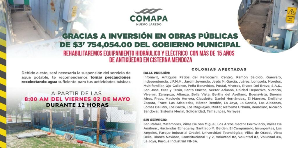 Rehabilitará COMAPA Nuevo Laredo equipos hidráulicos y eléctricos en Cisterna Mendoza