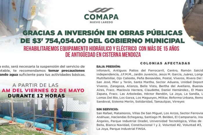 Rehabilitará COMAPA Nuevo Laredo equipos hidráulicos y eléctricos en Cisterna Mendoza