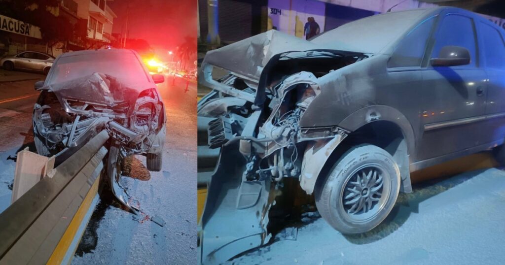 Joven impacta su auto contra poste en Altamira